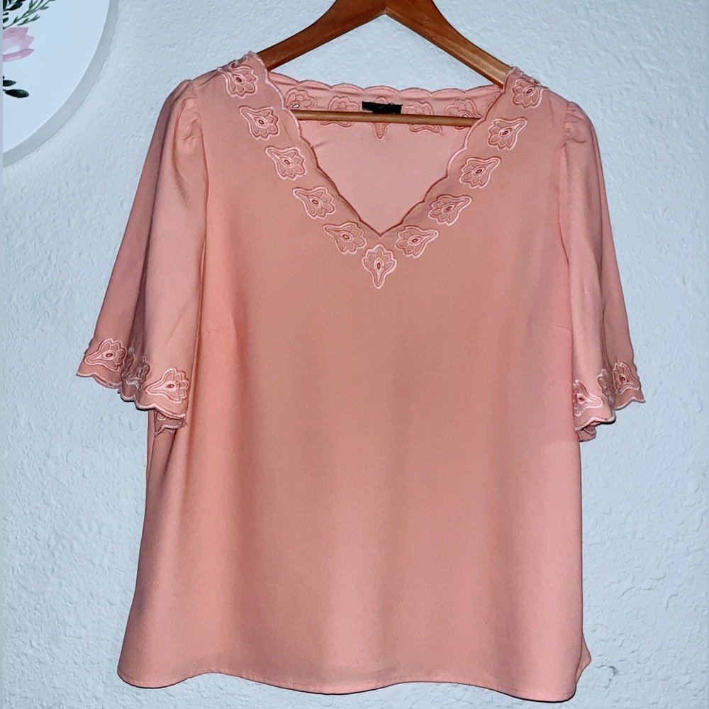 Peach Blouse with Floral Eyelet Trim